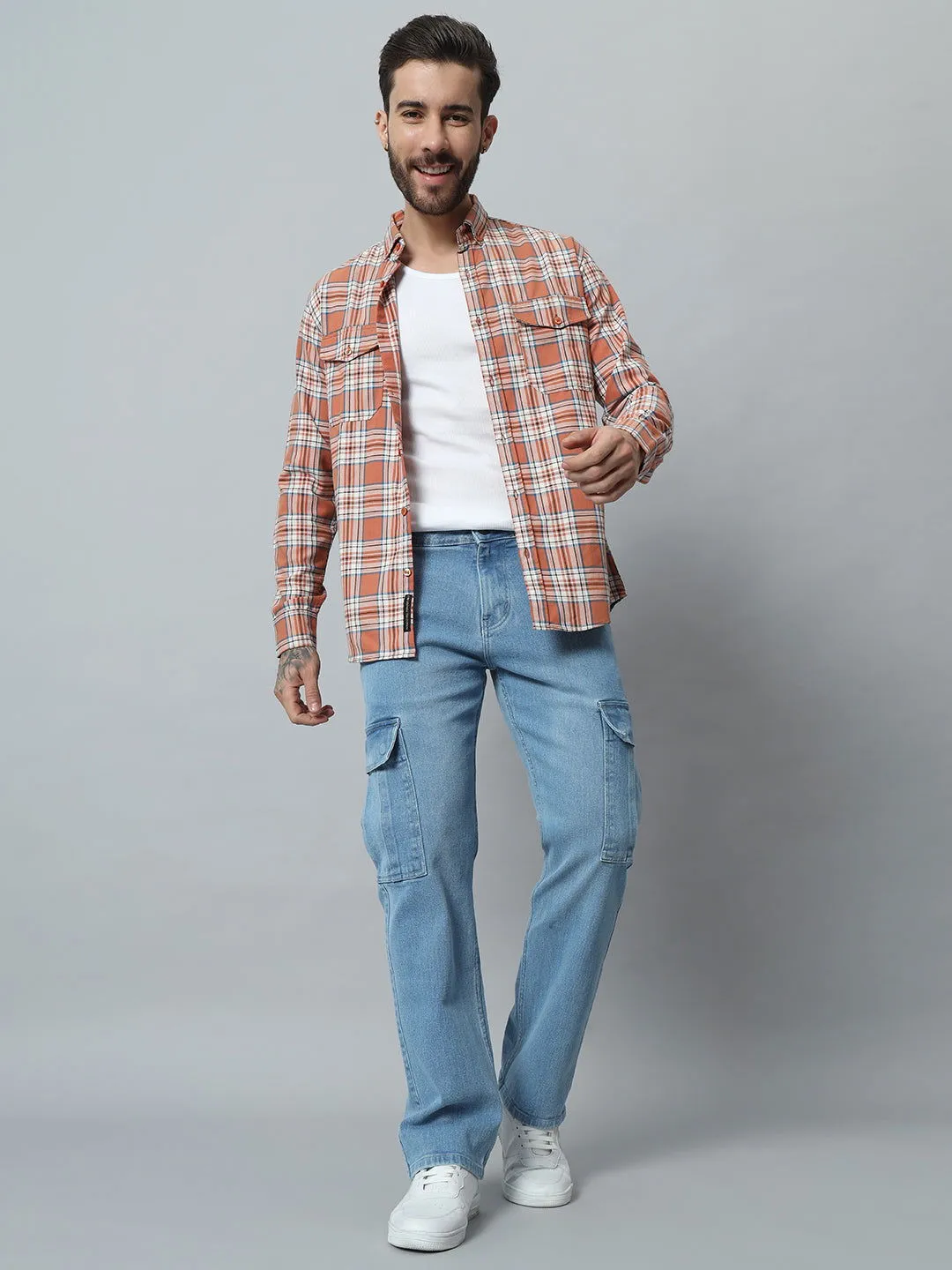 ORANGE-WHITE CHECK TWILL SHIRT