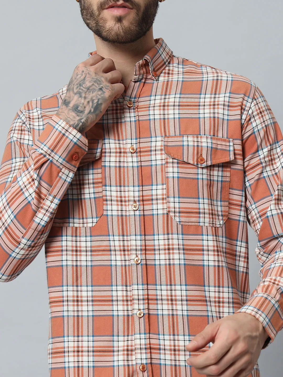 ORANGE-WHITE CHECK TWILL SHIRT