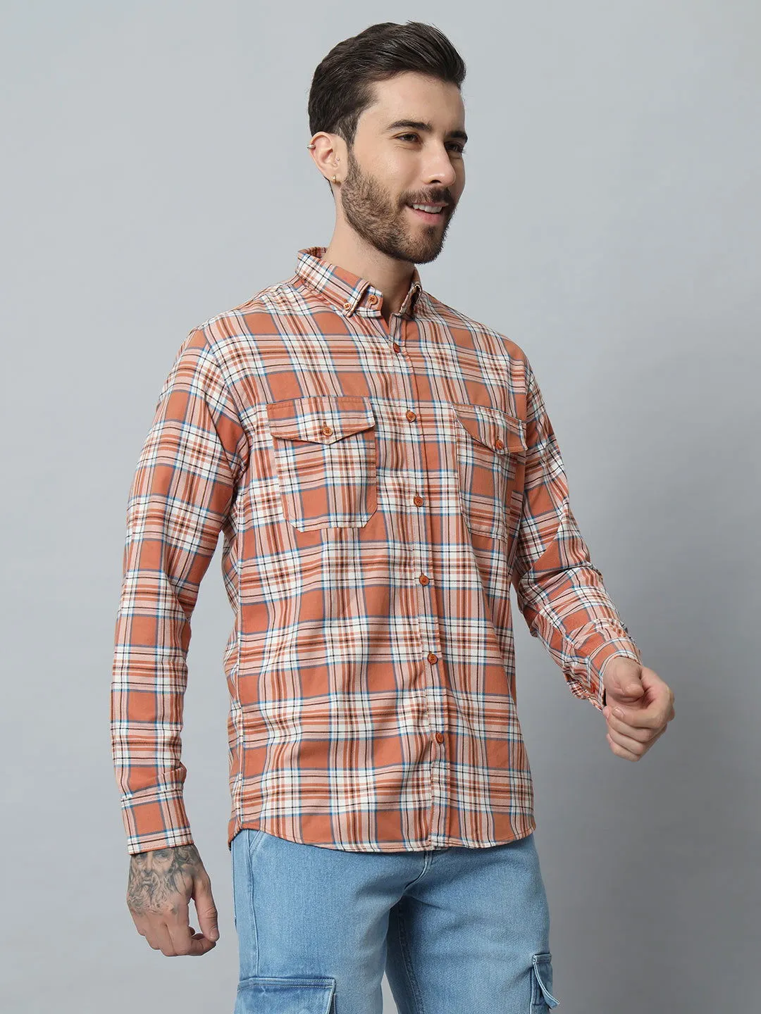ORANGE-WHITE CHECK TWILL SHIRT