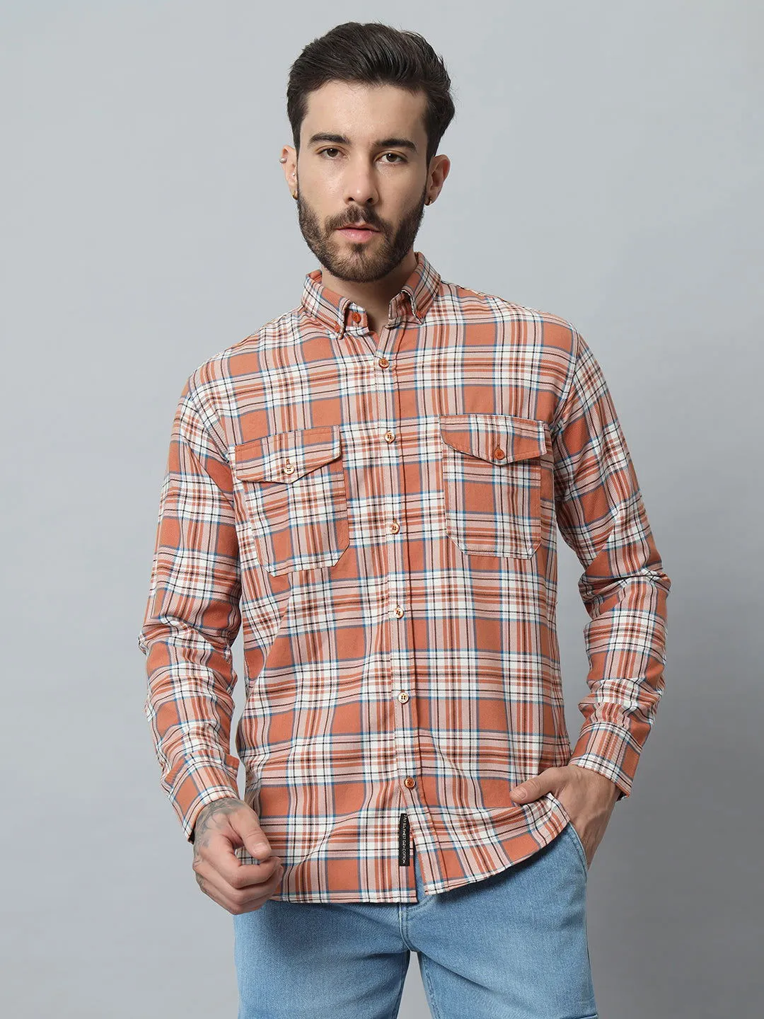 ORANGE-WHITE CHECK TWILL SHIRT