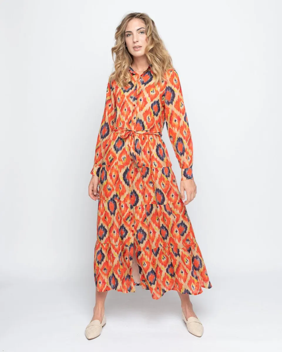 Painterly Diamond Tie-Waist Button-up Shirtdress