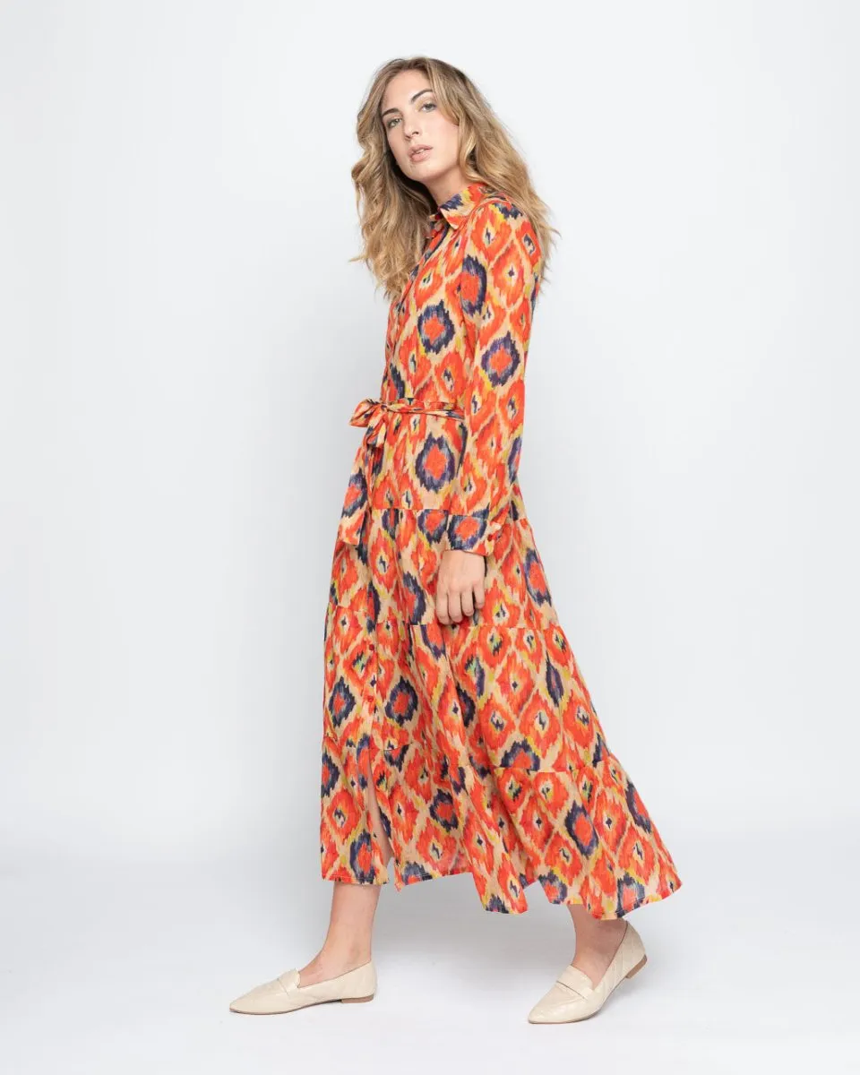 Painterly Diamond Tie-Waist Button-up Shirtdress
