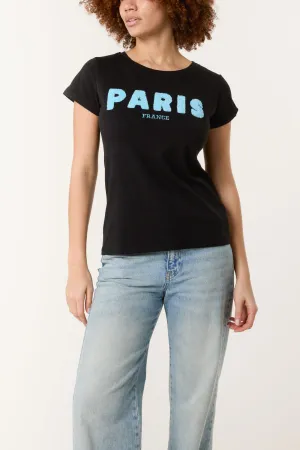Paris Black T Shirt Blue Motif