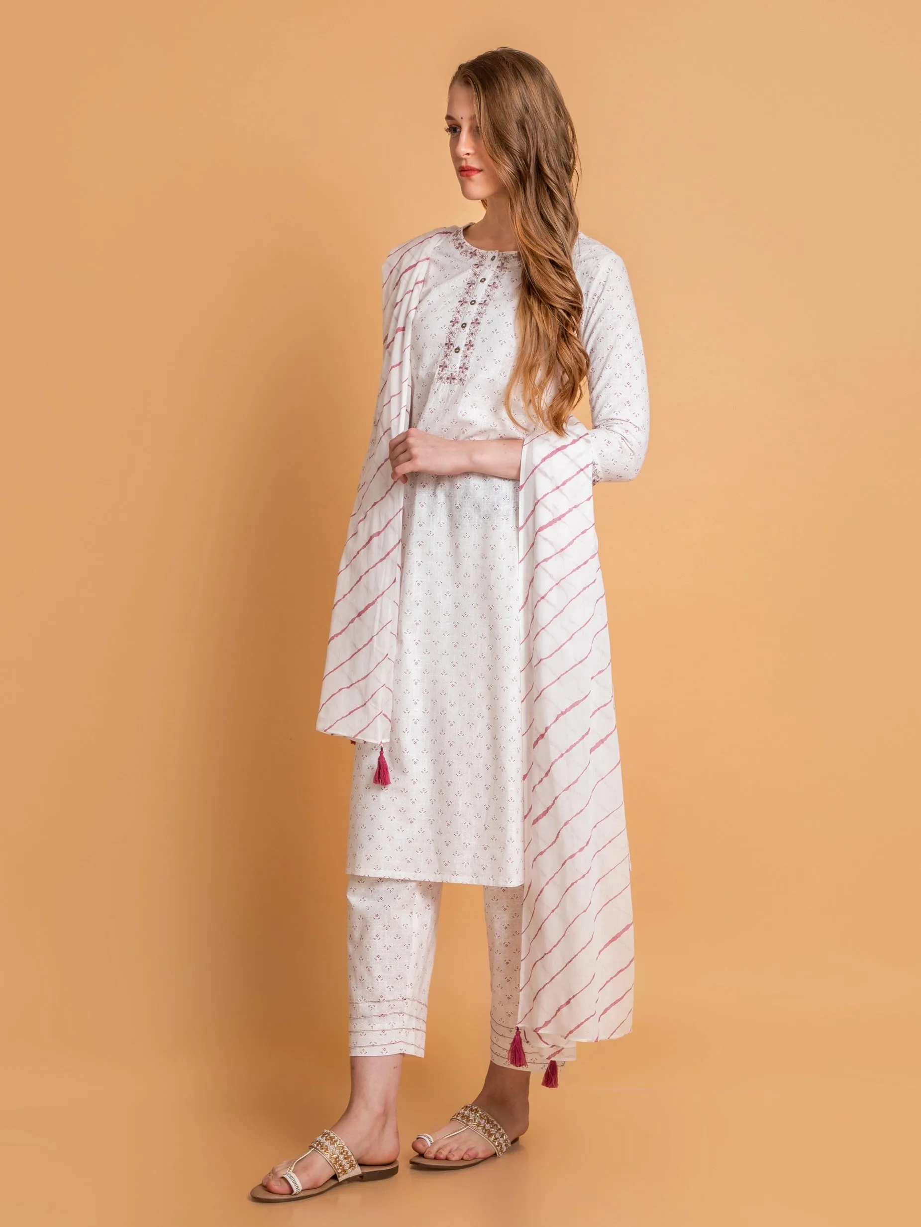 PARTY WEAR EMBROIDERED KURTA SET PAIRED WITH LEHARIYA DUPATTA