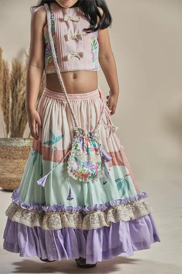 Peach and Mint Frilled Lehenga with Tropical Print Blouse and Potli Bag Set for Girls