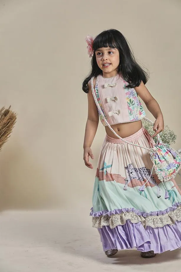 Peach and Mint Frilled Lehenga with Tropical Print Blouse and Potli Bag Set for Girls