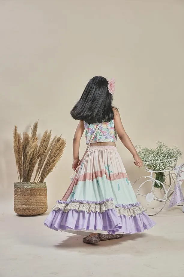 Peach and Mint Frilled Lehenga with Tropical Print Blouse and Potli Bag Set for Girls