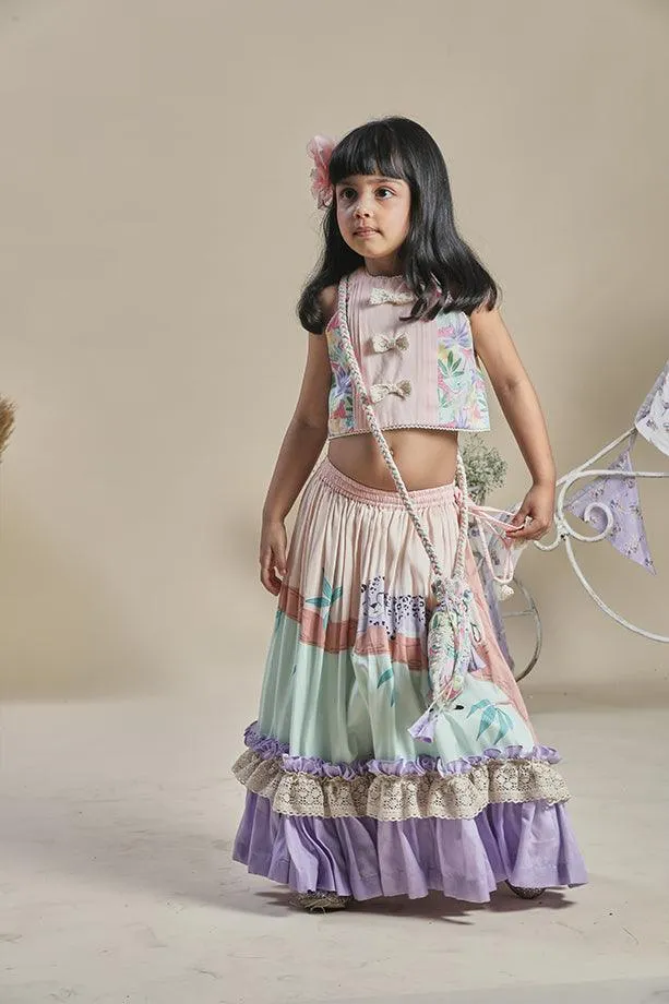 Peach and Mint Frilled Lehenga with Tropical Print Blouse and Potli Bag Set for Girls