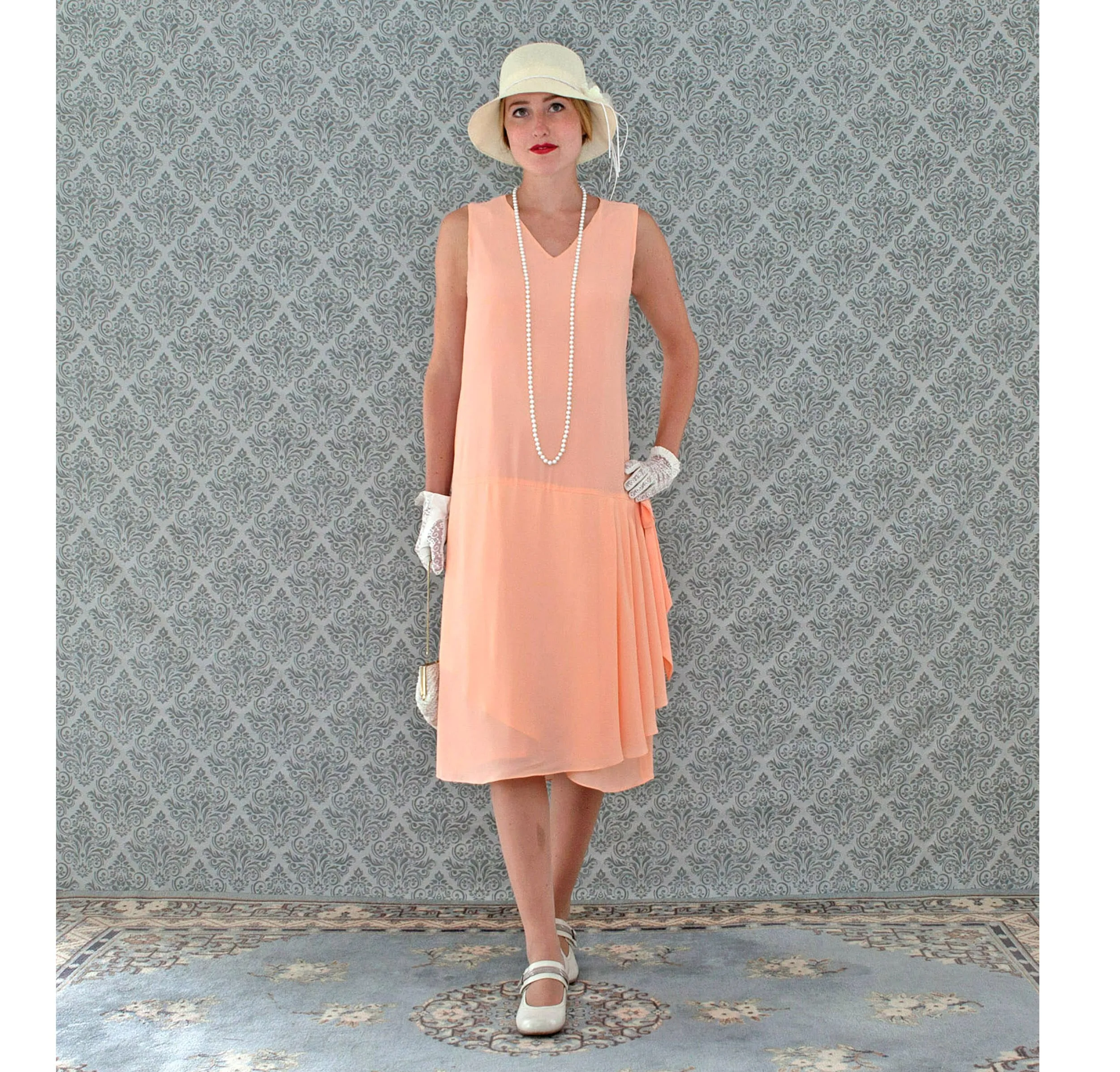 Peach Great Gatsby chiffon dress with drape and bow