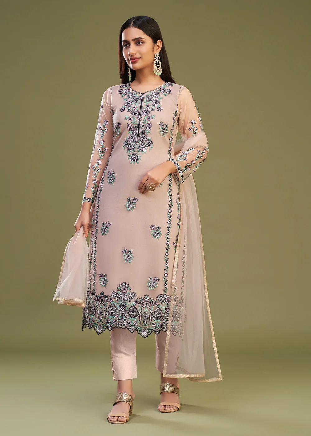 Peach Multi Thread Embroidered Net Salwar Suit