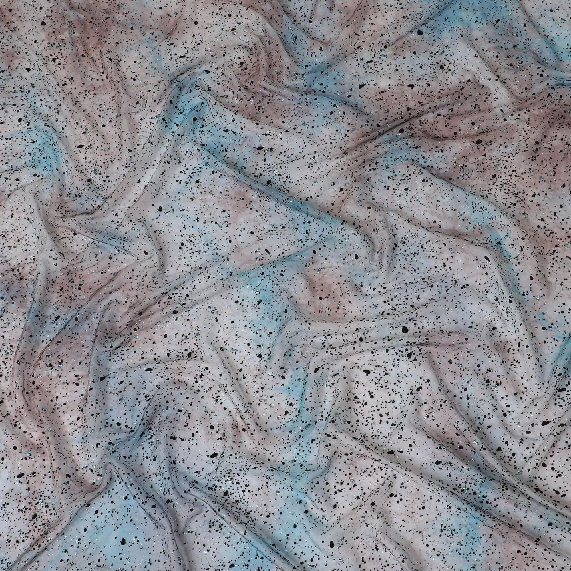 Pearl grey Premium pure French (Fransawi) silk chiffon fabric with pale brown, baby blue tie & die print having black flock and baby blue glitter in abstract design-D14070