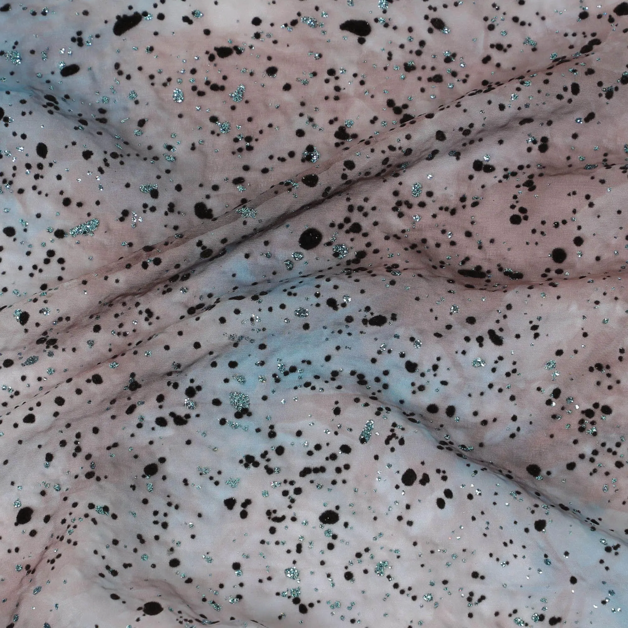 Pearl grey Premium pure French (Fransawi) silk chiffon fabric with pale brown, baby blue tie & die print having black flock and baby blue glitter in abstract design-D14070