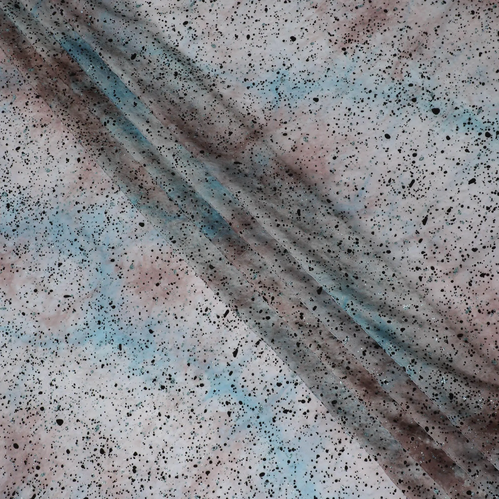 Pearl grey Premium pure French (Fransawi) silk chiffon fabric with pale brown, baby blue tie & die print having black flock and baby blue glitter in abstract design-D14070