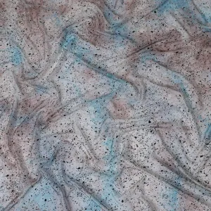 Pearl grey Premium pure French (Fransawi) silk chiffon fabric with pale brown, baby blue tie & die print having black flock and baby blue glitter in abstract design-D14070