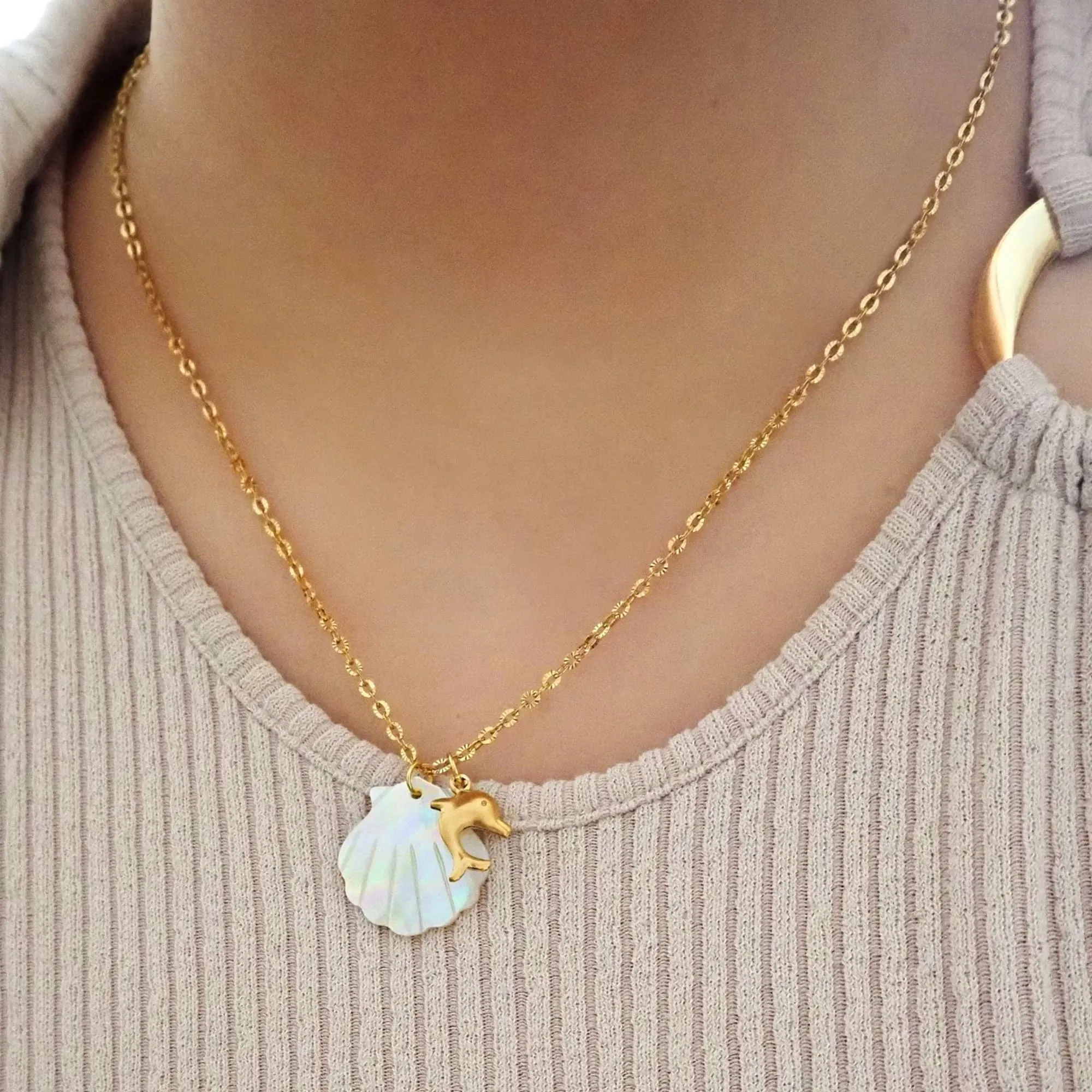 Pearl Shell & Gold Dolphin Necklace