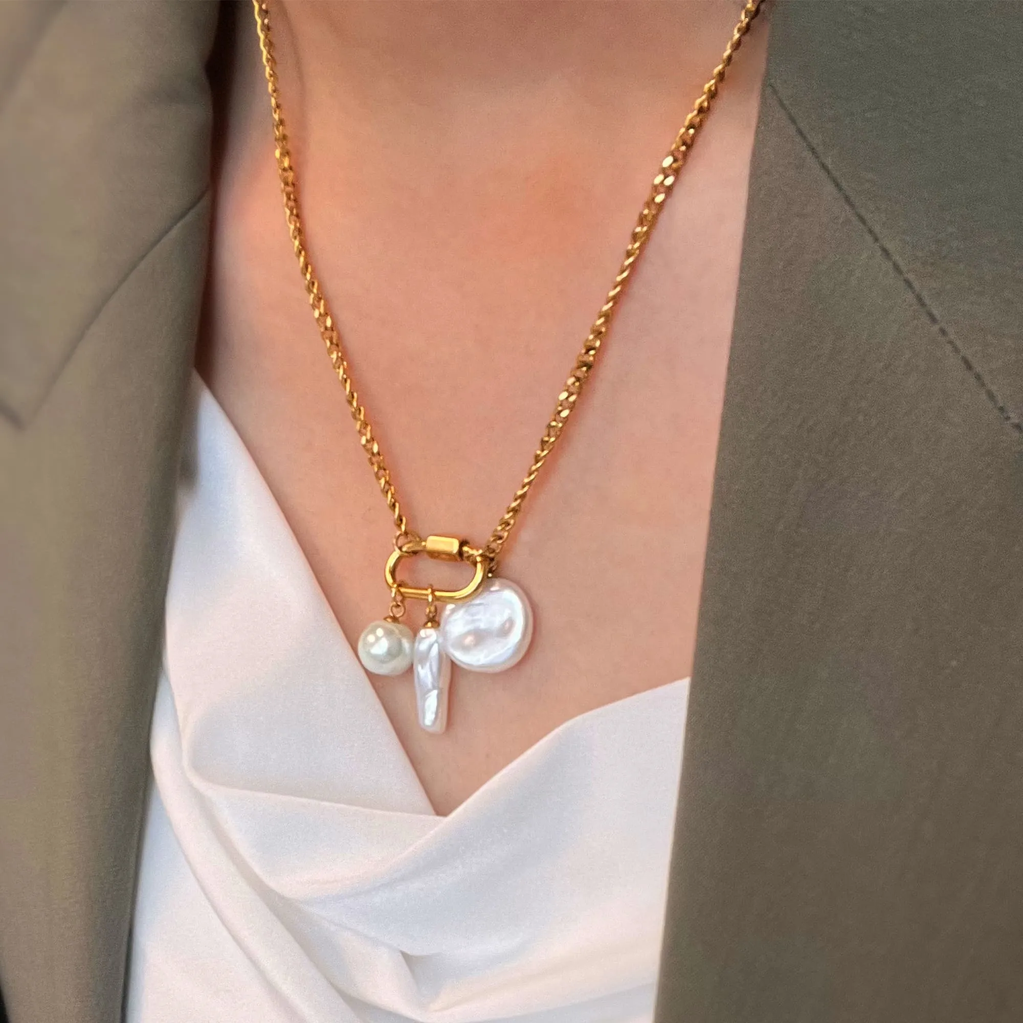 Pearl Trio Gold Clasp Charm Necklace