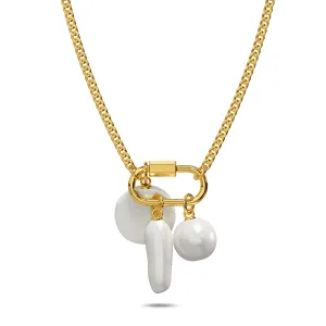 Pearl Trio Gold Clasp Charm Necklace