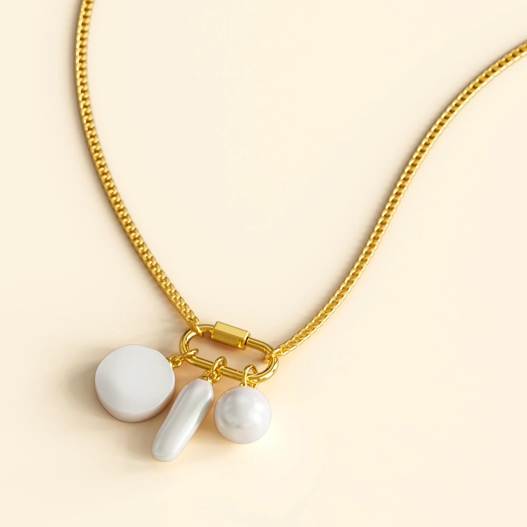 Pearl Trio Gold Clasp Charm Necklace