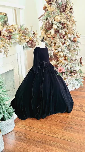 Penelope Velvet gown - Midnight black  with Sleeves  (6 Year - Petite 9 Year)