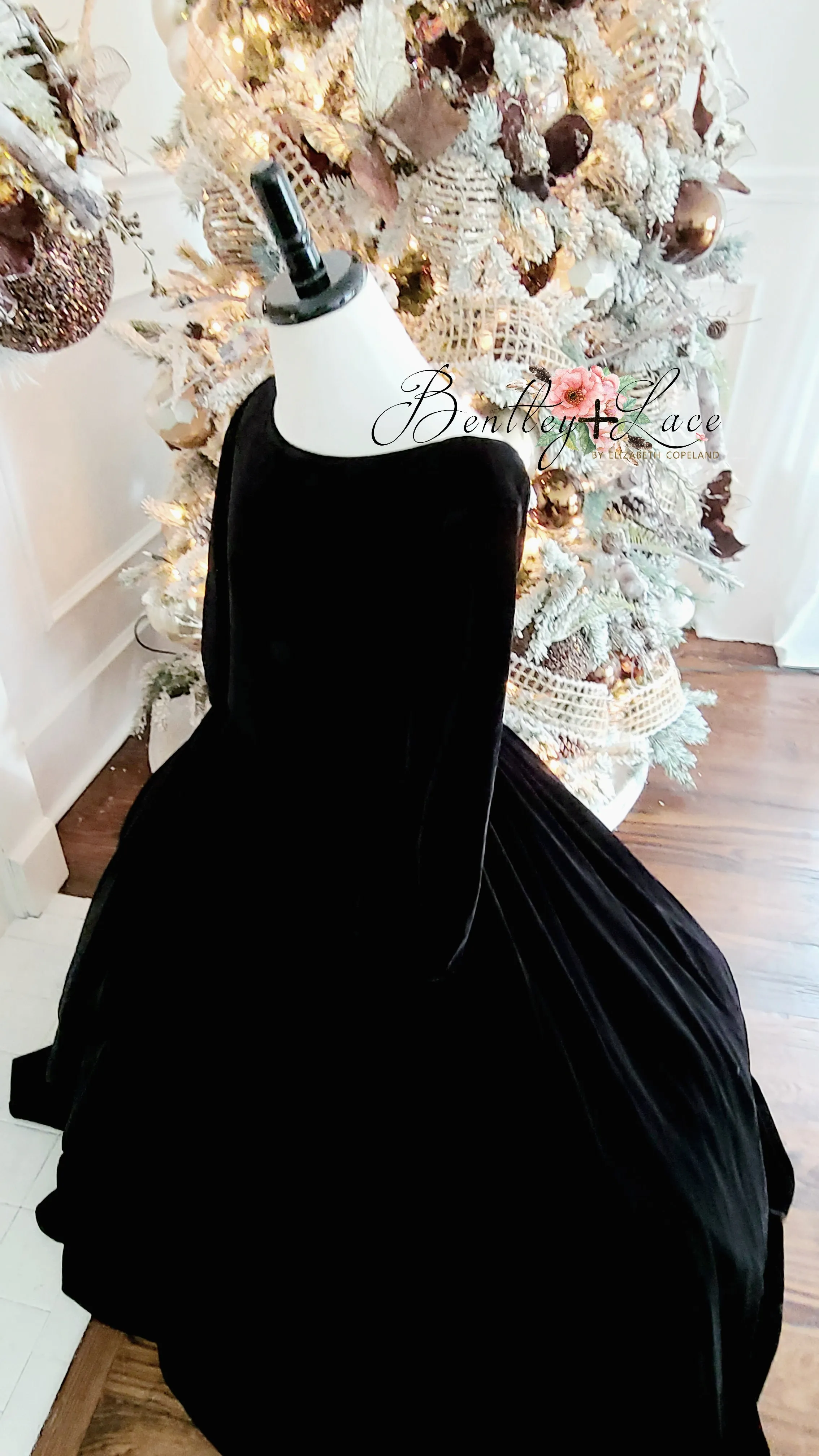 Penelope Velvet gown - Midnight black  with Sleeves  (6 Year - Petite 9 Year)
