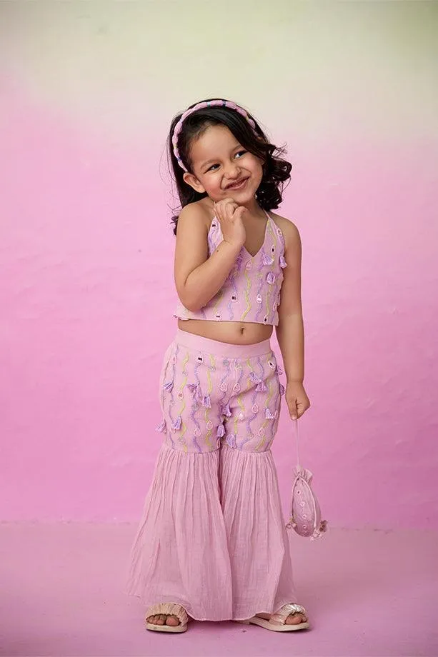 Petal Pink- Orchid Pink Hand Embroidered Crop-Top Sharara set for Girls