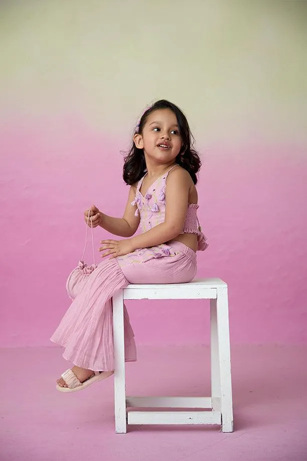 Petal Pink- Orchid Pink Hand Embroidered Crop-Top Sharara set for Girls