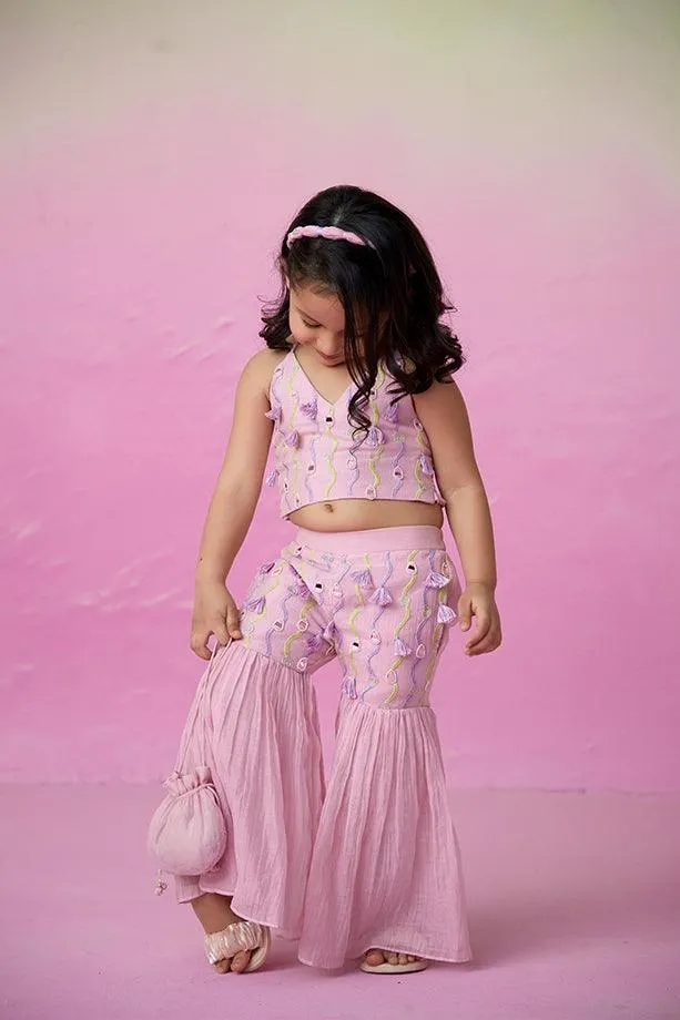 Petal Pink- Orchid Pink Hand Embroidered Crop-Top Sharara set for Girls