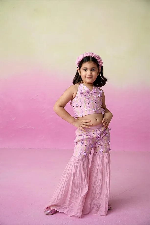 Petal Pink- Orchid Pink Hand Embroidered Crop-Top Sharara set for Girls