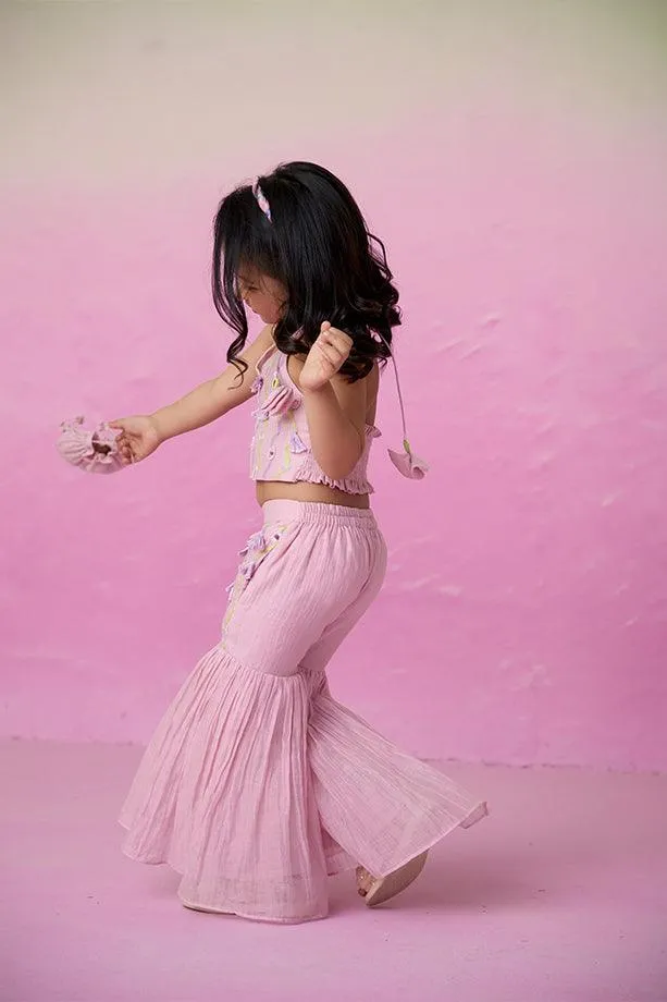 Petal Pink- Orchid Pink Hand Embroidered Crop-Top Sharara set for Girls