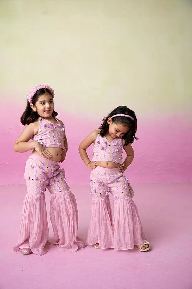 Petal Pink- Orchid Pink Hand Embroidered Crop-Top Sharara set for Girls