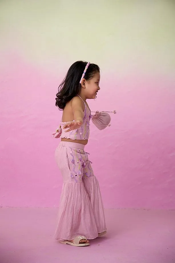 Petal Pink- Orchid Pink Hand Embroidered Crop-Top Sharara set for Girls