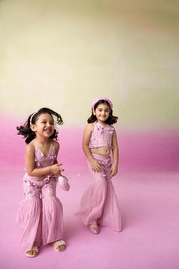 Petal Pink- Orchid Pink Hand Embroidered Crop-Top Sharara set for Girls