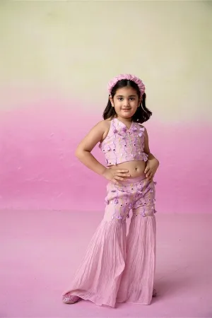 Petal Pink- Orchid Pink Hand Embroidered Crop-Top Sharara set for Girls