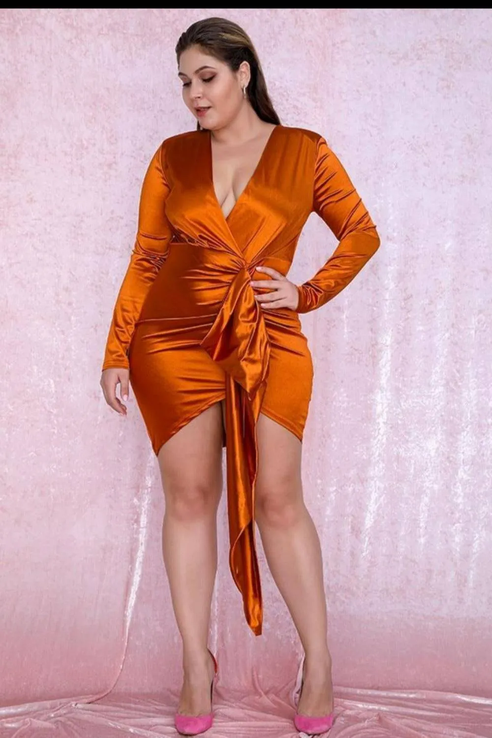 Plus Size Orange Satin Ruffle Mini Dress