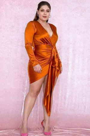 Plus Size Orange Satin Ruffle Mini Dress