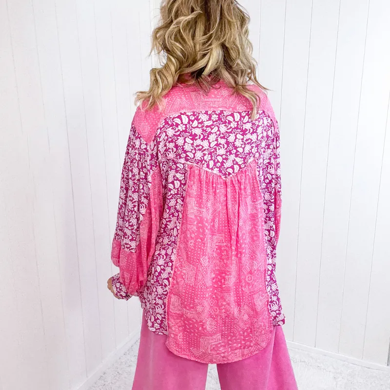 Pol Boho Paisley Posh Pink Button Up Long Sleeve Top