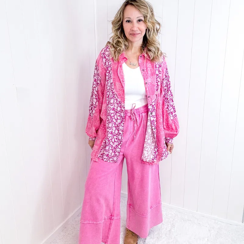 Pol Boho Paisley Posh Pink Button Up Long Sleeve Top