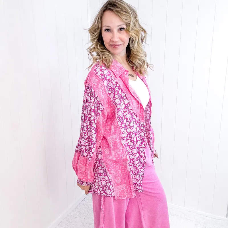 Pol Boho Paisley Posh Pink Button Up Long Sleeve Top