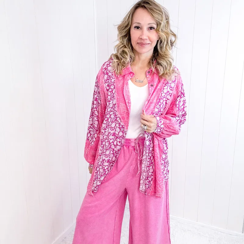 Pol Boho Paisley Posh Pink Button Up Long Sleeve Top