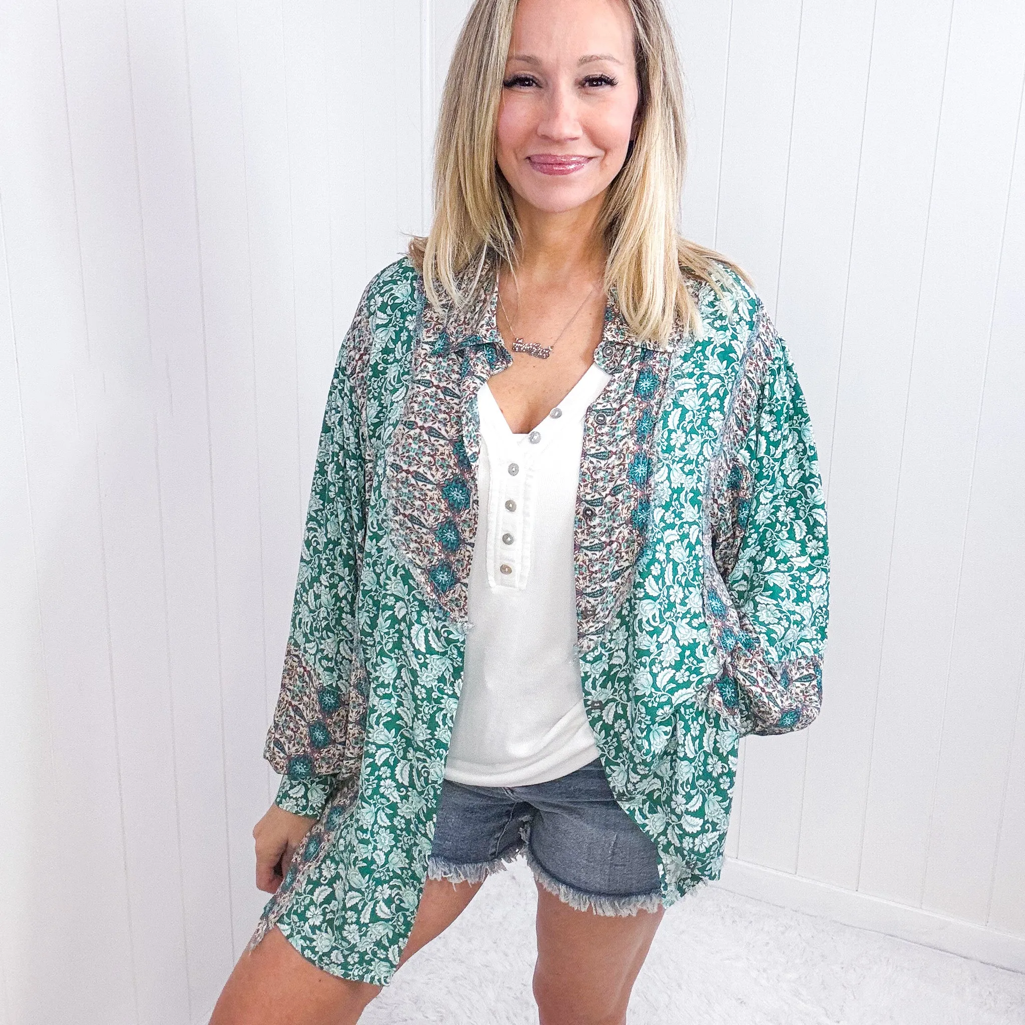 Pol Boho Posh Floral Button Up Long Sleeve Top