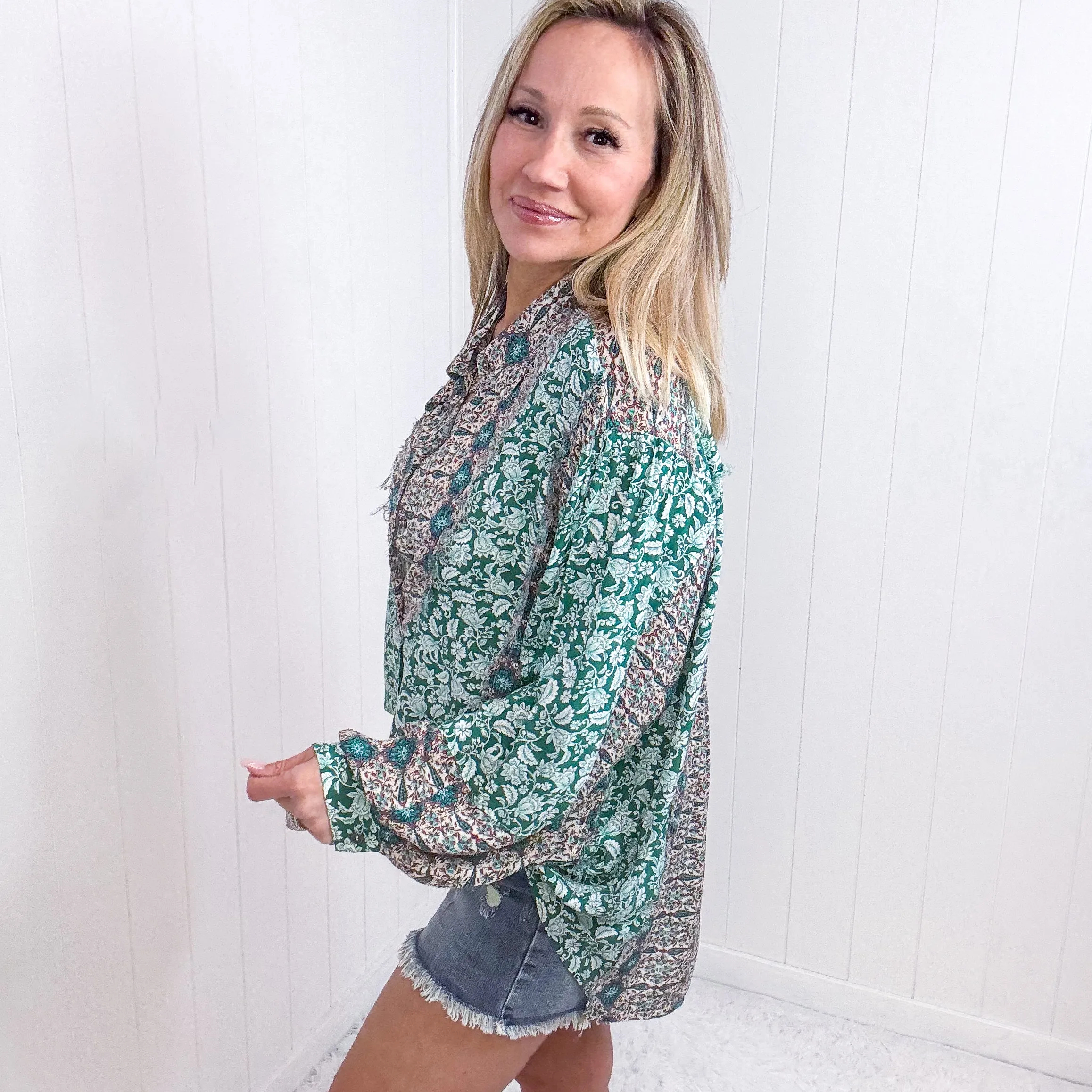 Pol Boho Posh Floral Button Up Long Sleeve Top