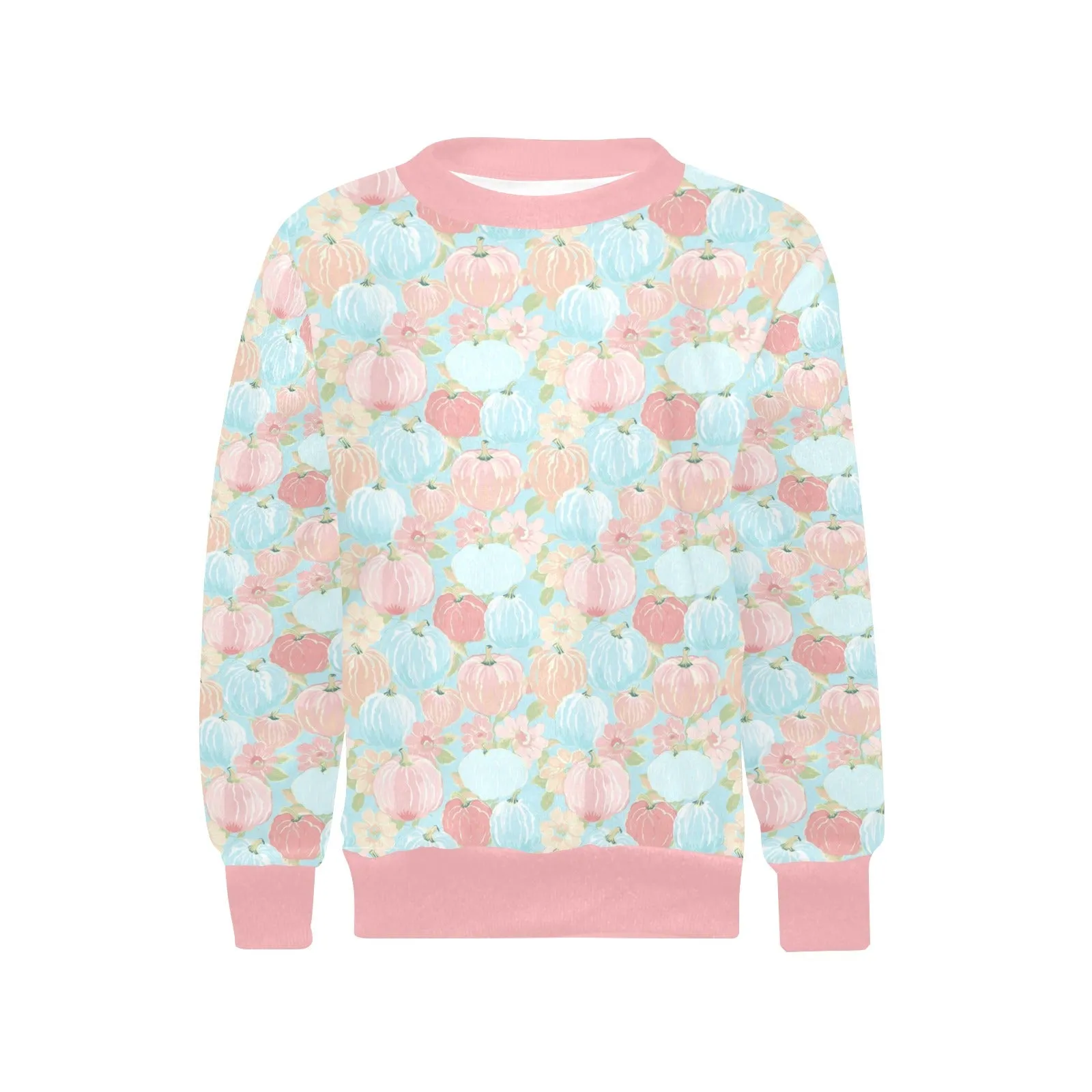 Pumpkin Patch Kids Crewneck Sweatshirt | Soft Pink and Blue All Over Print | Cozy Fall & Winter Wardrobe Essential