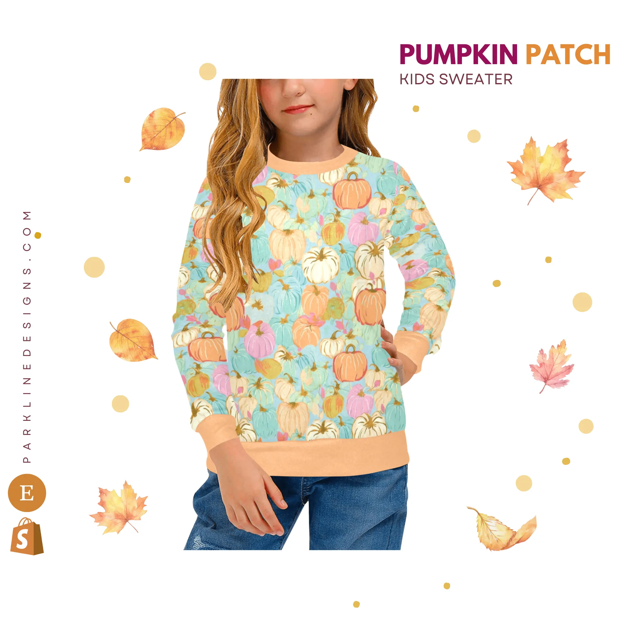 Pumpkin Patch Kids Crewneck Sweatshirt | Soft Pink and Blue All Over Print | Cozy Fall & Winter Wardrobe Essential
