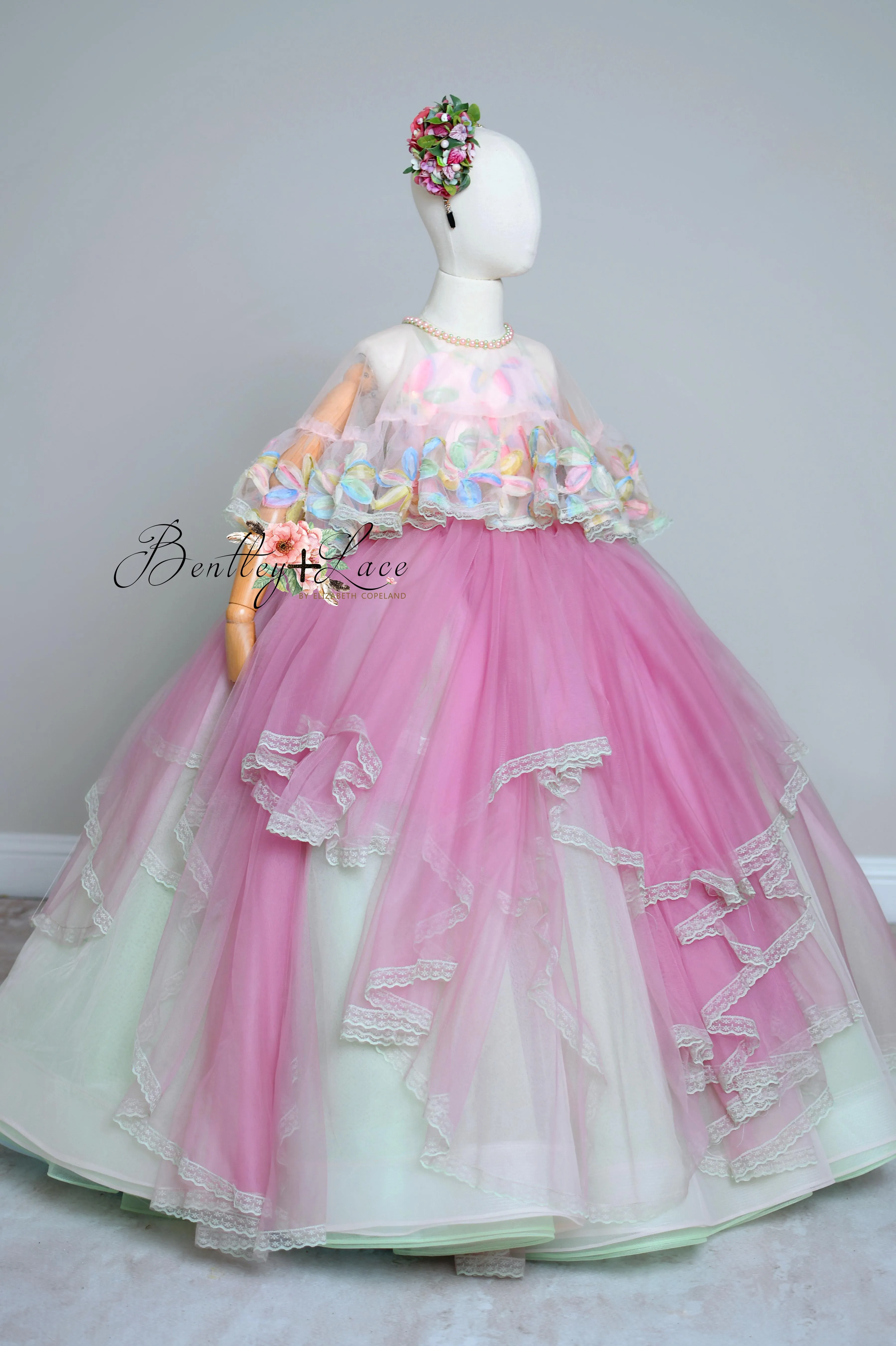 "Sun-kissed Petals" Couture Cascades Floor length gown -Cape included (6 Year - Petite 8 Year)