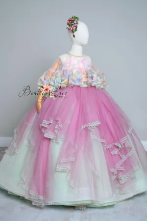 "Sun-kissed Petals" Couture Cascades Floor length gown -Cape included (6 Year - Petite 8 Year)