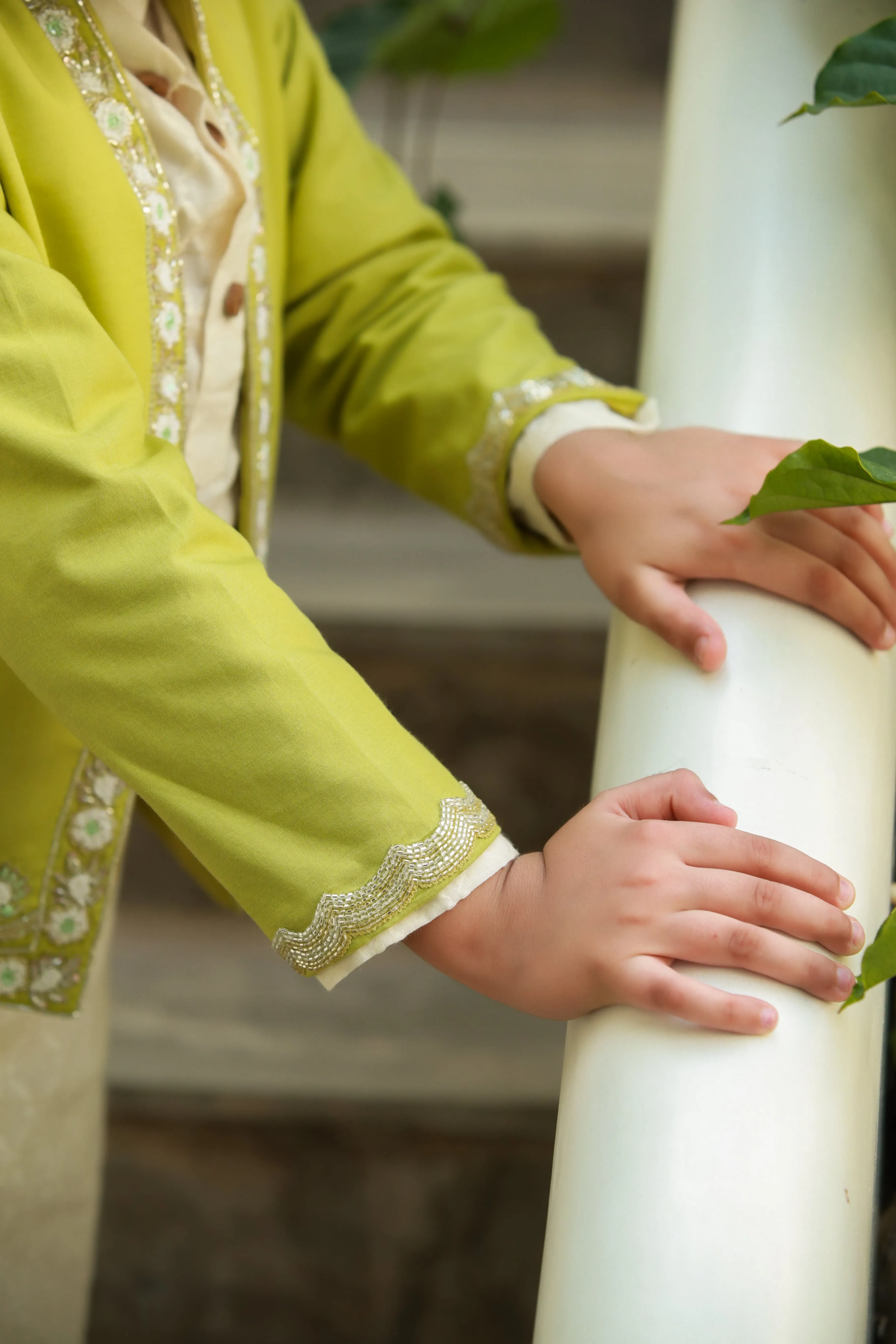 Raabta - Embroidered Jacket, Organic Cotton Dobby Kurta Trouser Set For Boys