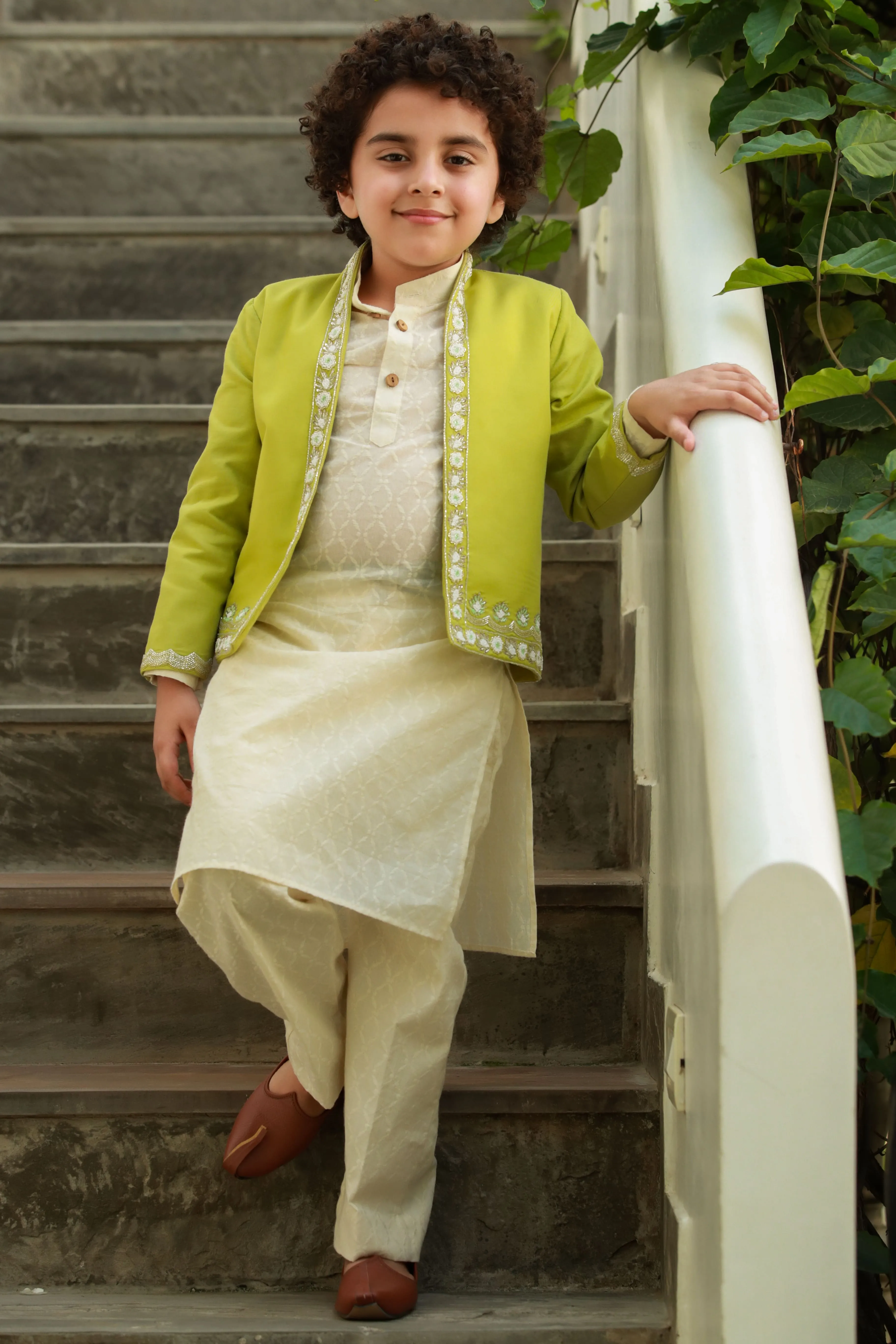 Raabta - Embroidered Jacket, Organic Cotton Dobby Kurta Trouser Set For Boys