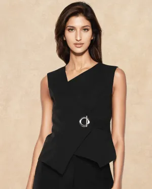 Rareism Women Achilles Black Sleeveless Asymmetric Neck Zipper Closure Fitted Plain Top