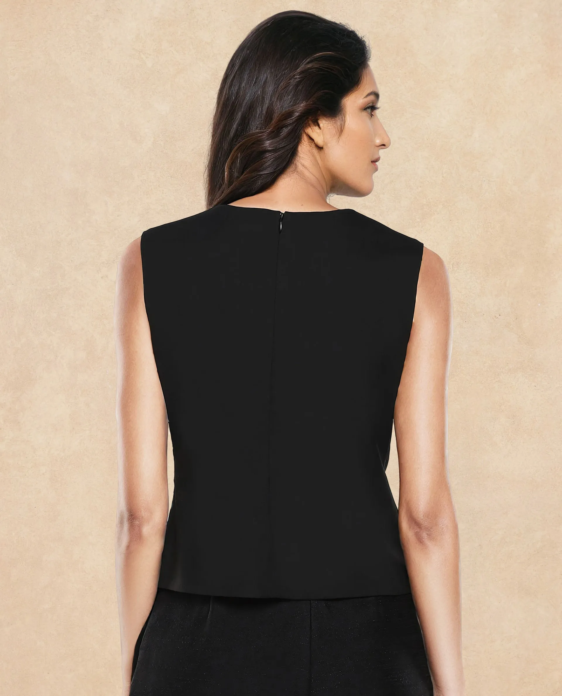 Rareism Women Achilles Black Sleeveless Asymmetric Neck Zipper Closure Fitted Plain Top