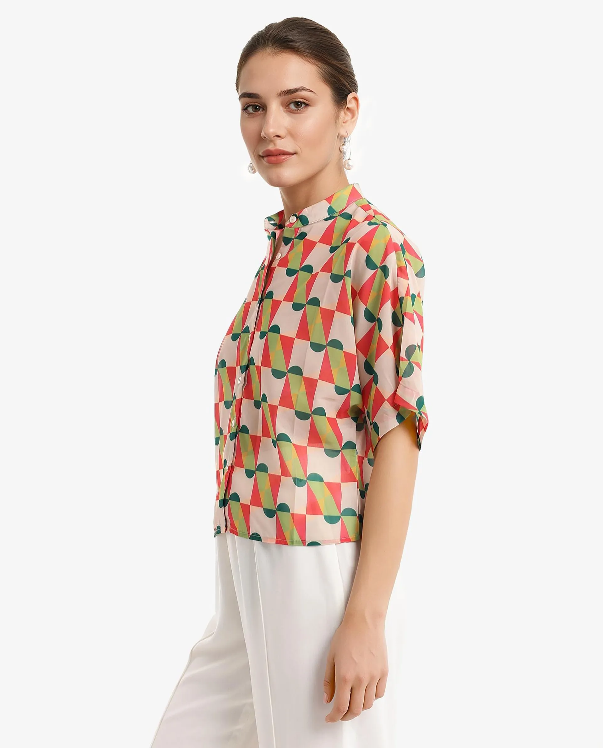 Rareism Women Cajeme Multi Extended Sleeves Relaxed Fit Geometric Print Shrug